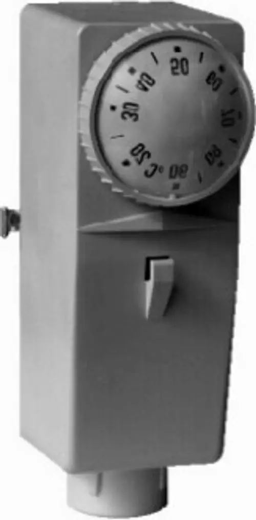 Frostschutzthermostat von Wolf, mit einem Einstellbereich von 0 bis 60 Grad C, ausgestattet mit einem drehbaren Regler und einem Schalter.
